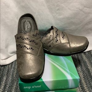 Easy Street Silver Mules with Cutout Design